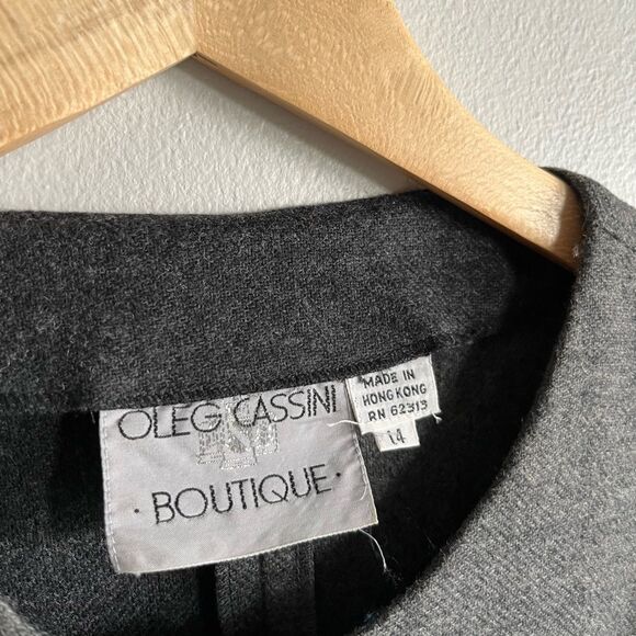 Vintage 70s Oleg Cassini Gray Belted Midi Dress Wool Blend Button Front two tone - Picture 3 of 11